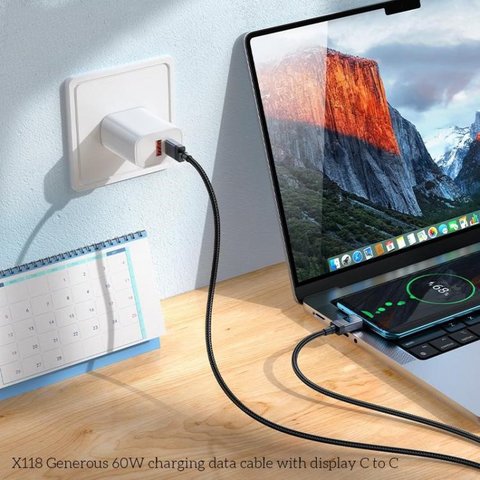 USB кабель Hoco X118, 2xUSB тип-C, 100 см, 60 Вт, чорний, з цифровим індикатором зарядки, в нейлоновому обплетенні, #6942007655095 Прев'ю 4