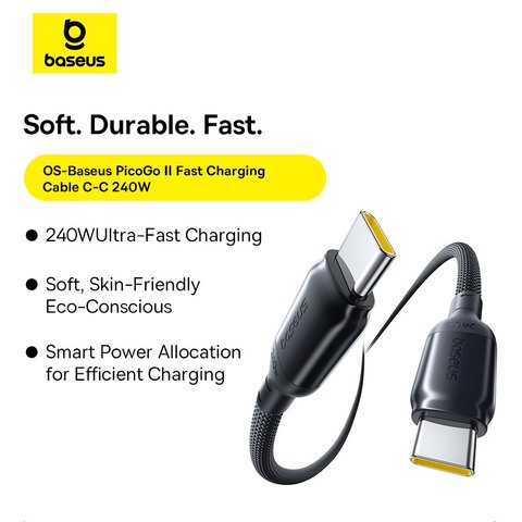 USB кабель Baseus PicoGo, 2xUSB тип-C, 100 см, 240 Вт, черный, силиконовый, в нейлоновой оплетке, #E0423300 Превью 1