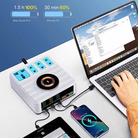 Mains Charger Kingmax WLX-H13, (140 W, Wireless Charge, Quick Charge, Power Delivery (PD), with socket, 5 outputs, 10 in 1) Preview 7