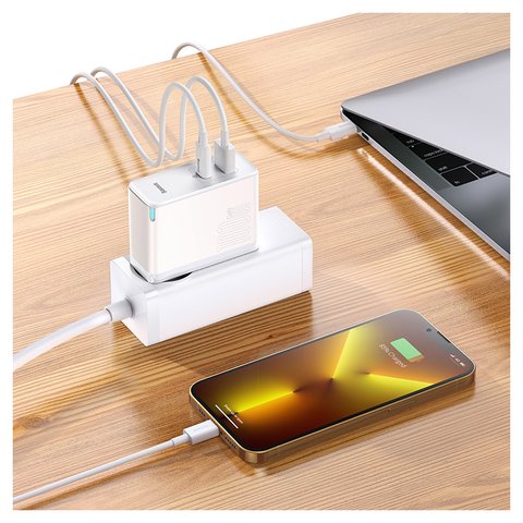 Adaptador de red Baseus GaN5 Pro, 100 W, Quick Charge, blanco, con cable USB tipo C - USB tipo C, 2 puertos, #CCGP090202 Vista previa  3