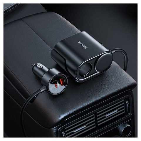 Автомобильное зарядное устройство Baseus High Efficiency Pro 1-for-2, черное, с розеткой, 30 Вт, 2 порта, 12-24 B, #C00455300121-00 Превью 1