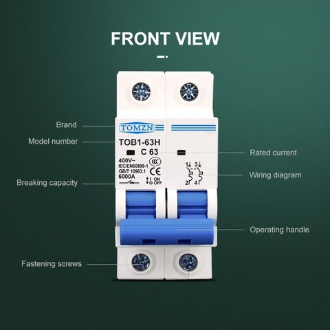 Автоматичний вимикач змінного струму TOMZN TOB1-63H-C32, 2P, 230-400В, 32A Прев'ю 4