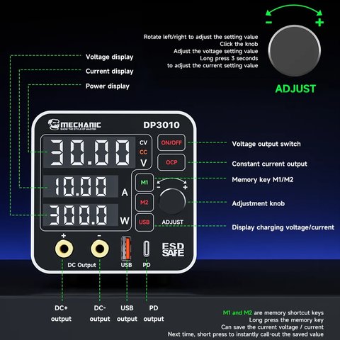 Лабораторный блок питания Mechanic DP3010, одноканальный, импульсный, до 30 В, до 10 А, светодиодные индикаторы Превью 7